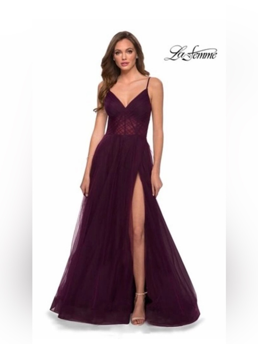 NWT La Femme Illusion A-Line Tulle Ballgown High Slit Dark Berry Size 2